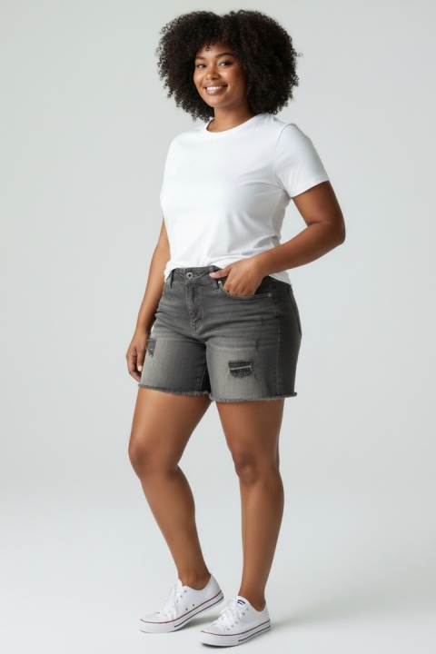 Szorty jeansowe Stradivarius – grafitowe, distressed, frędzle – rozmiar 34 (XS)