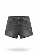 Szorty jeansowe Stradivarius – grafitowe, distressed, frędzle – rozmiar 34 (XS)